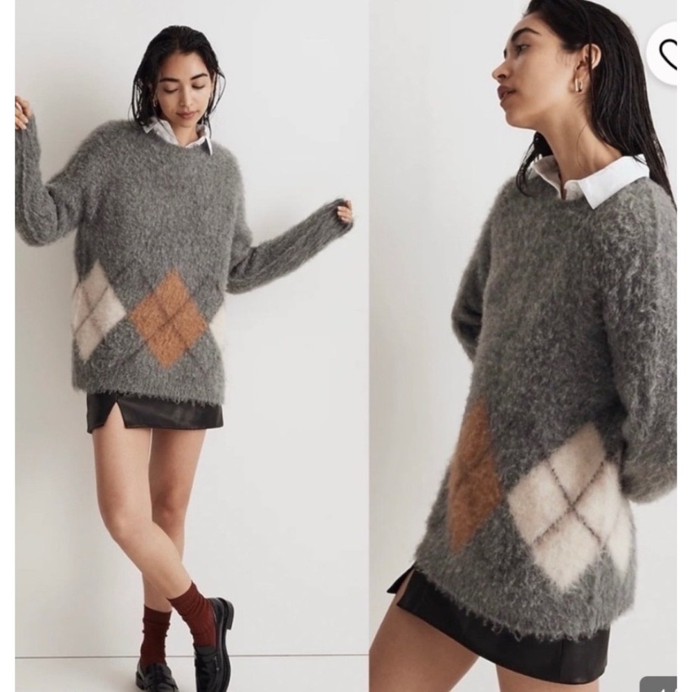Madewell Argyle Eyelash Knit Sweater Grey Brown Cream Oversized Pullover XS
